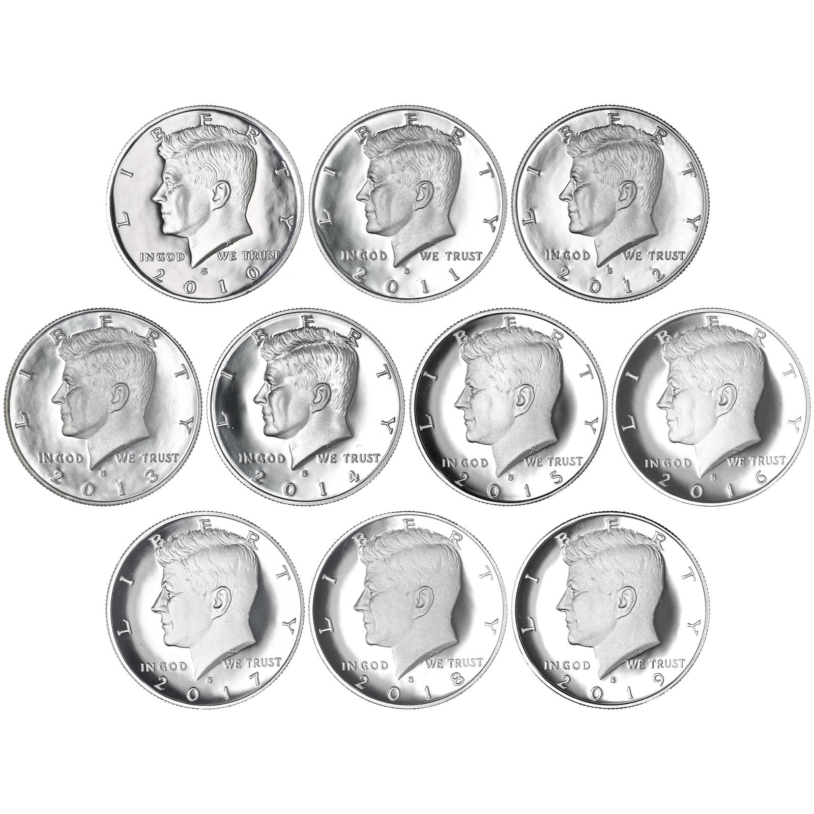 2010-2019 S Kennedy Half Dollar Gem DCam Proof Run 10 Coin Set CN-Clad US Mint