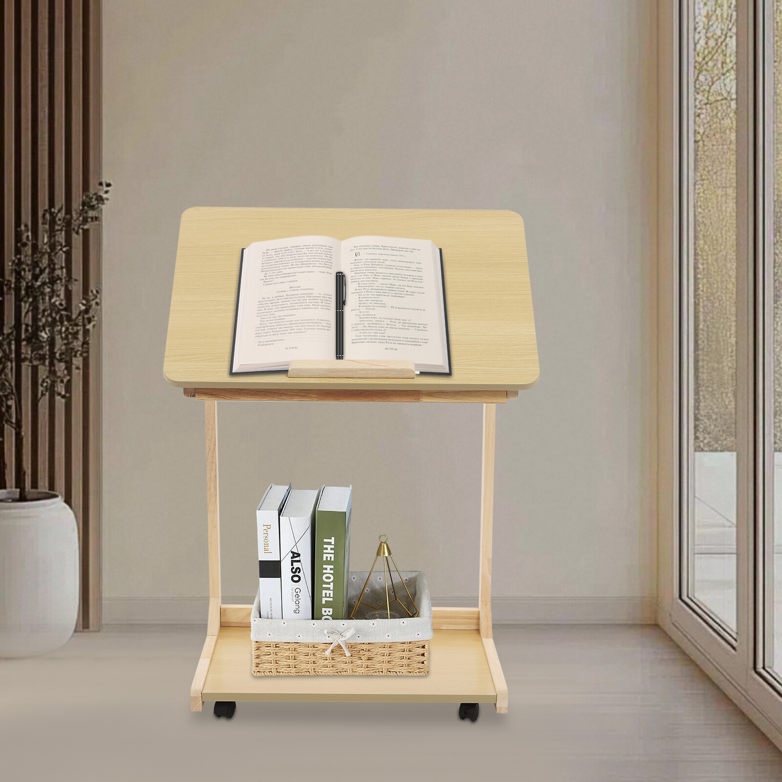 2 Tier C Shaped Table With 4 Wheels Couch Table End Table For Drink & Snack US