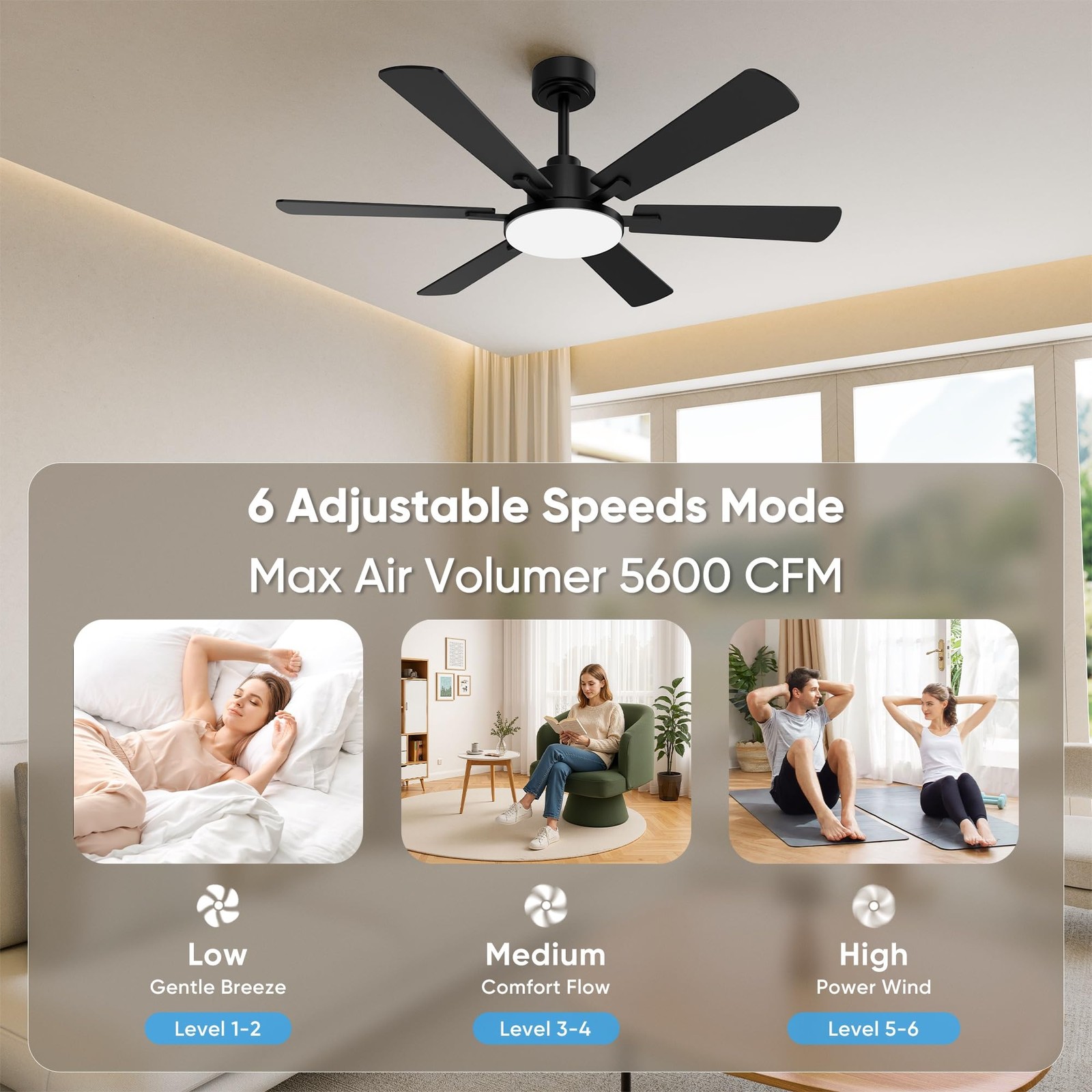 Ceiling Fans W/ Lights 6 Blade Remote Reversible DC Motor 3CCT Dimmable LED 52"