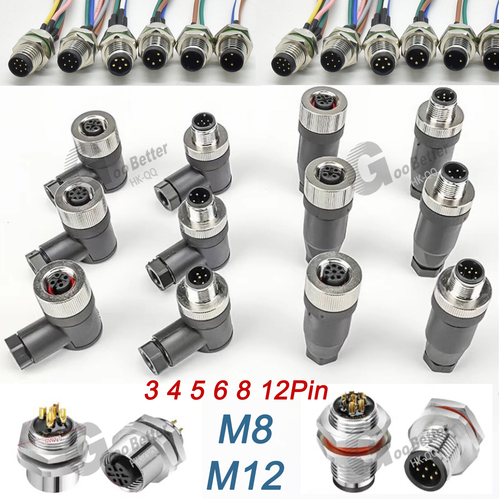 PG7 M8/M12 Sensor Connector 3-12 Pin Male/Female Straight/Right Angle Plug IP67
