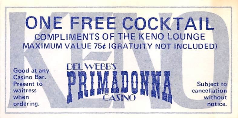 Primadonna Casino - Reno, NV - Vintage Paper Drink Coupon