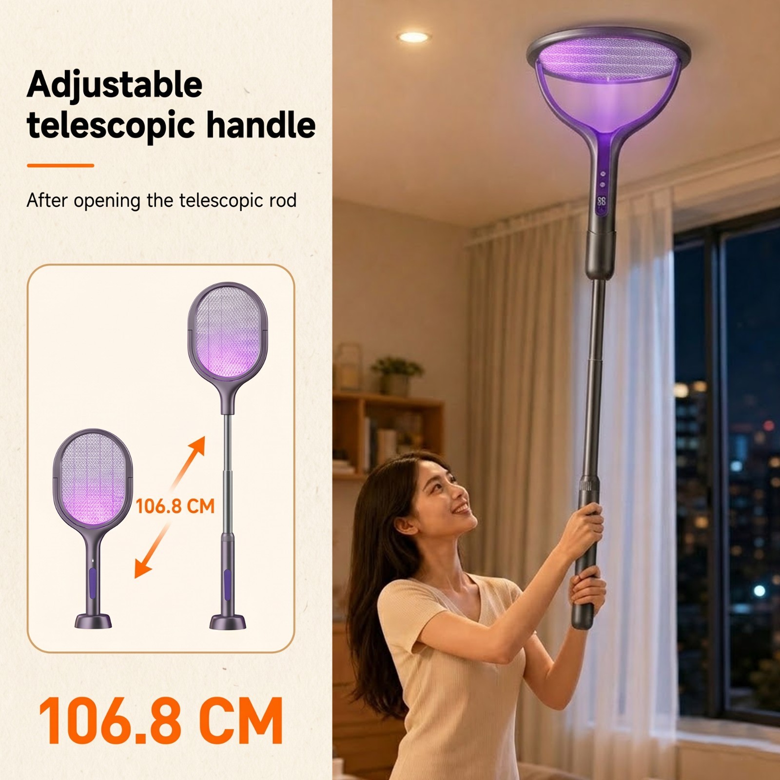 Electric Fly Swatter Racket Rechargeable Bug Zapper with a Telescopic Extensions