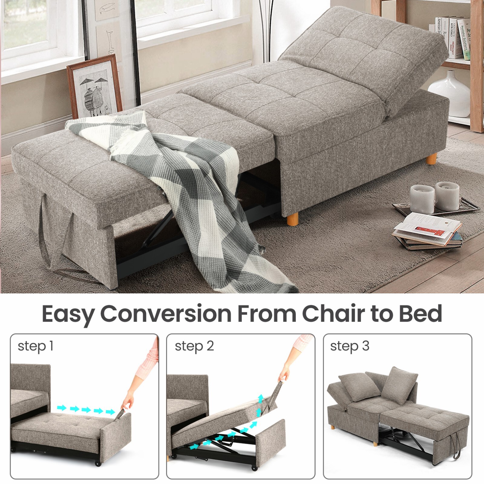 Folding Ottoman Sofa Bed Chair 4-in-1 Sleeper Sofa Adjustable Backrest+2 Pillows