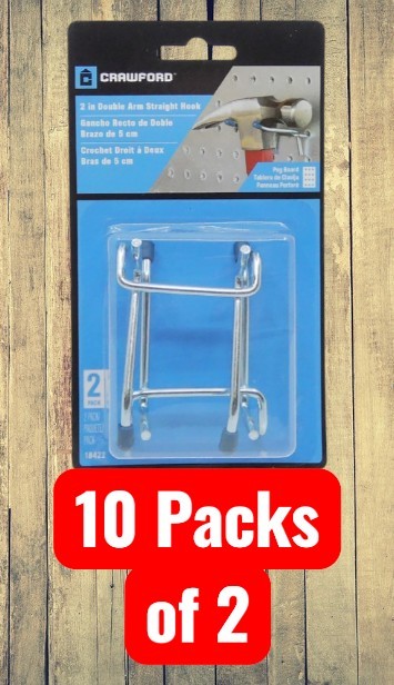 10 Packs (20) Crawford 2" Double Arm Straight Pegboard Hooks   # 18422