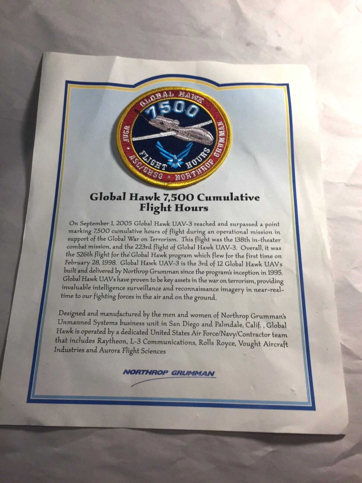 USAF Global Hawk Drone 7,500 Hours of Flight Patch w/ cert.) Northrop Grumman