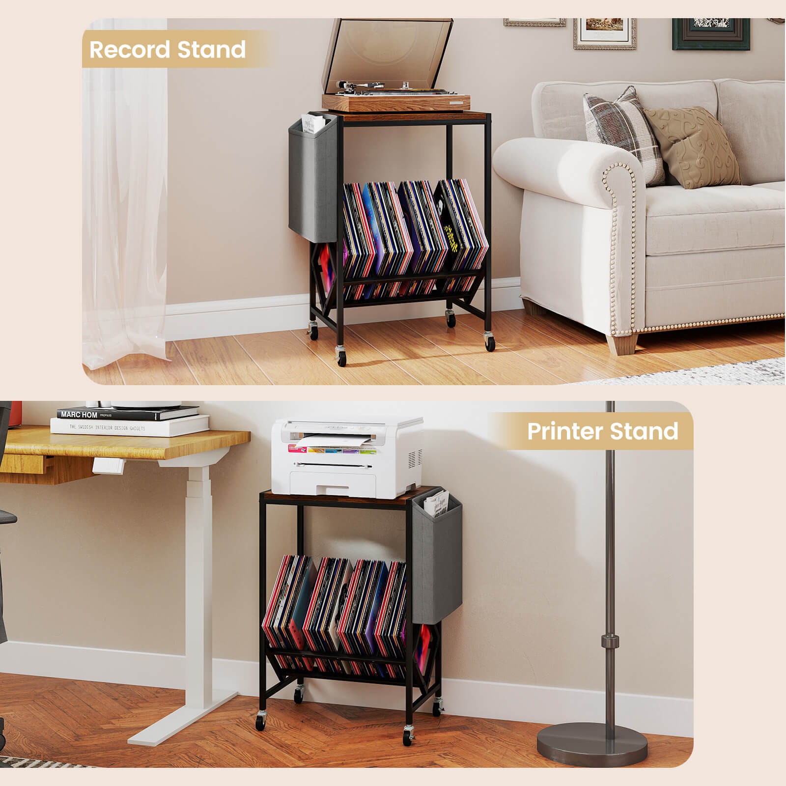 Record Player Stand w/Vinyl Record Storage & Side Storage Pouch, Swivel Wheels