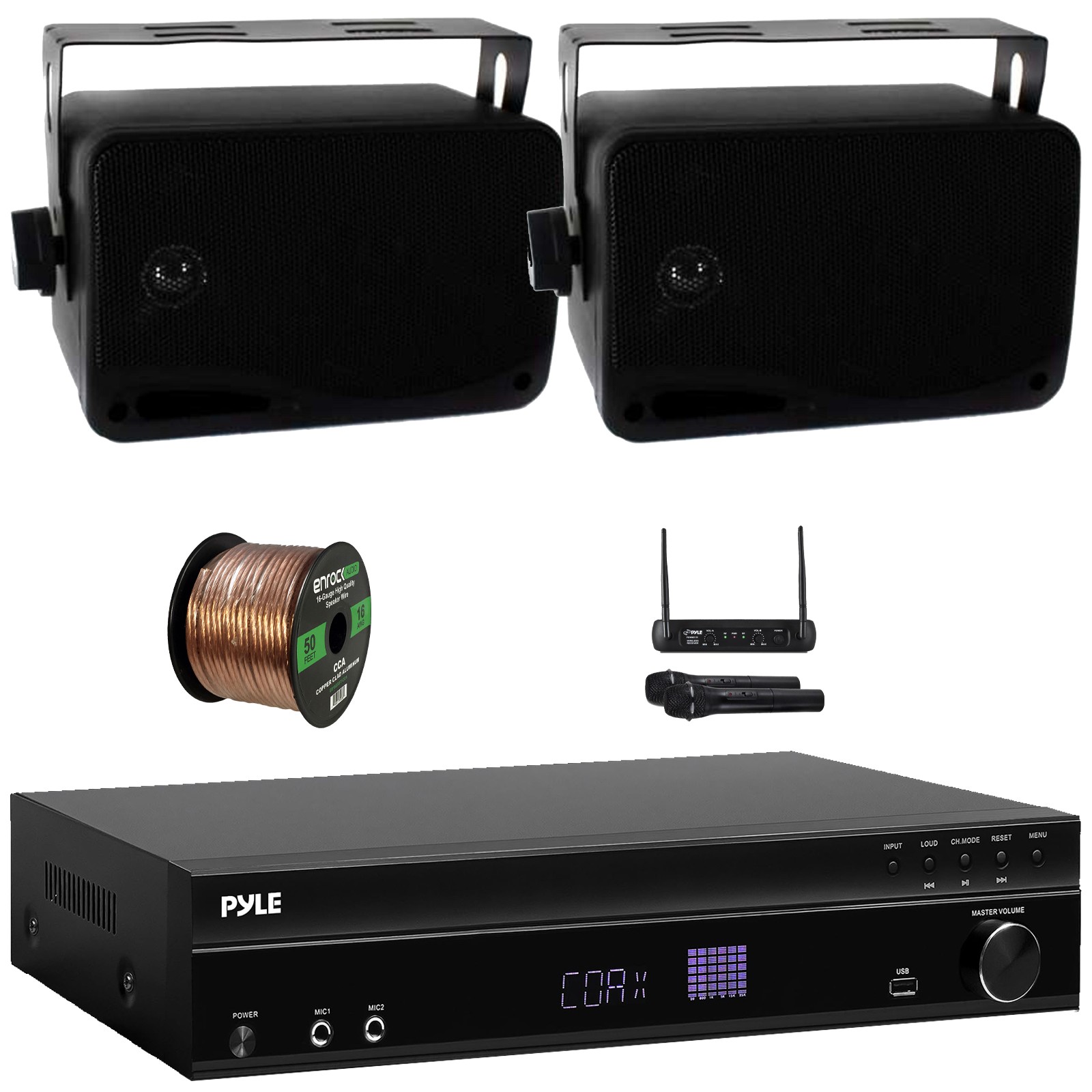 Pyle 5.2CH Home Sound Receiver, 2x 3.5'' 200W 3-Way Speakers + Wireless Mic
