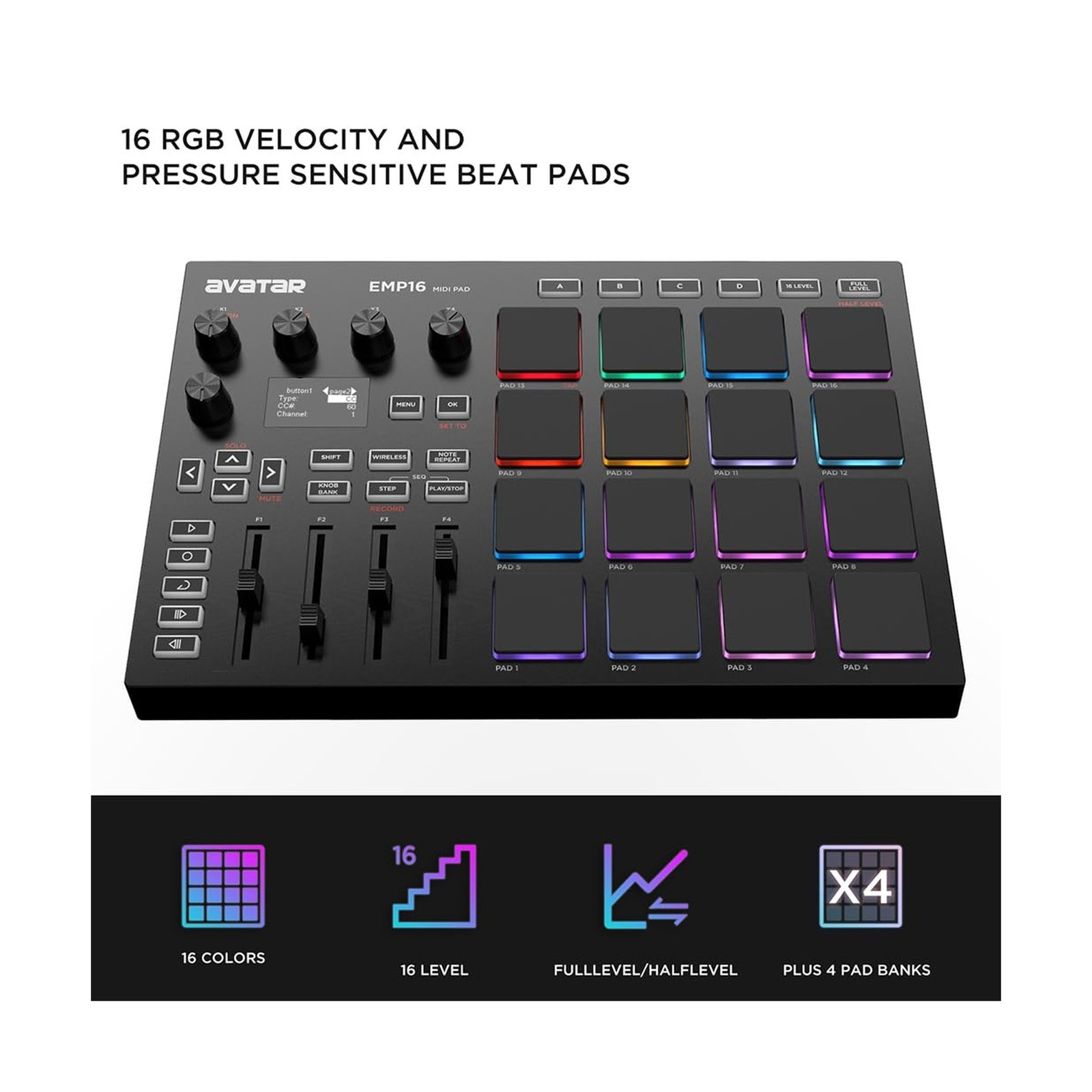 EMP16 MIDI Pad Controller Beat Maker Machine With Bluetooth, 16 RGB Velocity ...