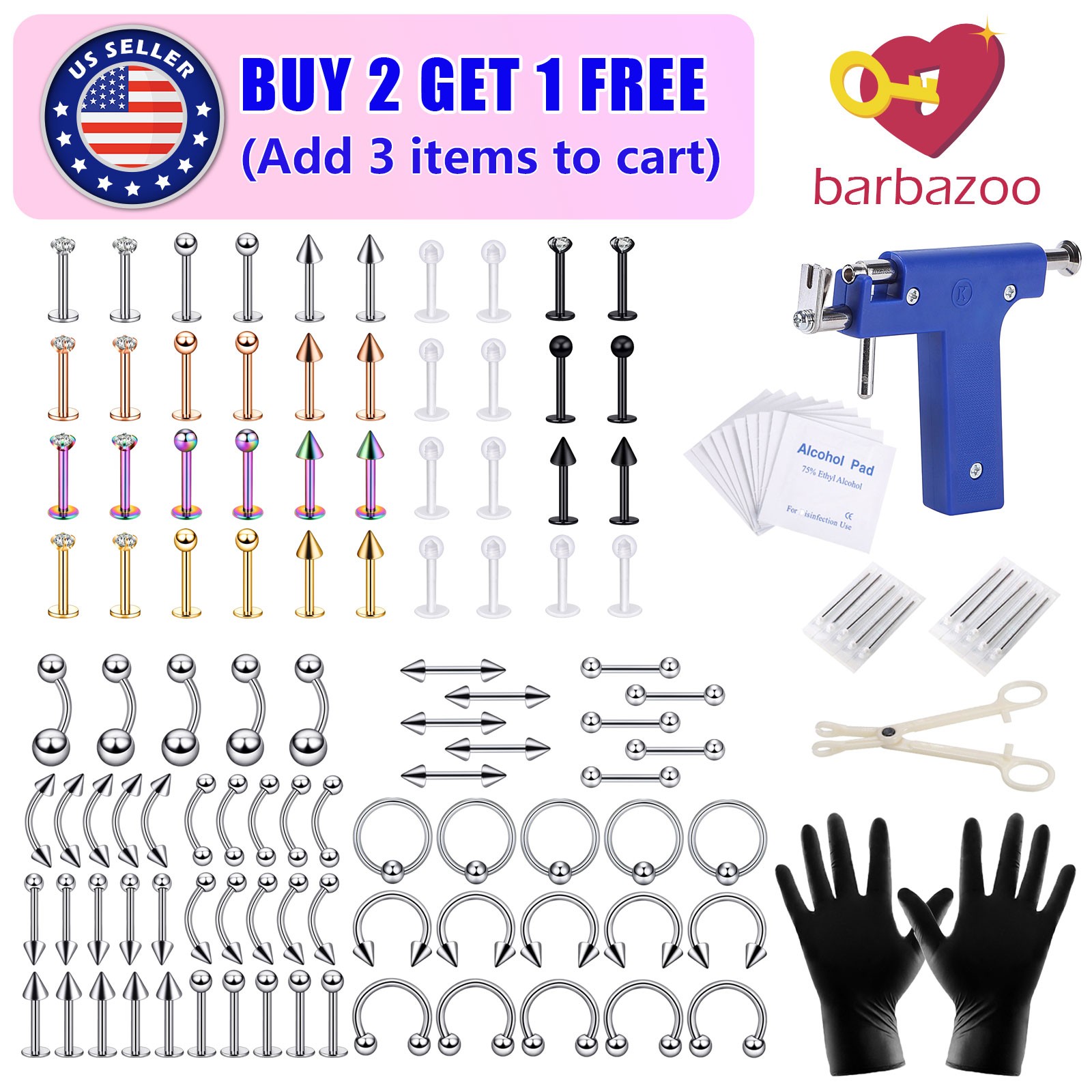 101Pc Professional Body Piercing Tool Kit Ear Lip Tongue Nose Navel Nipple Rings