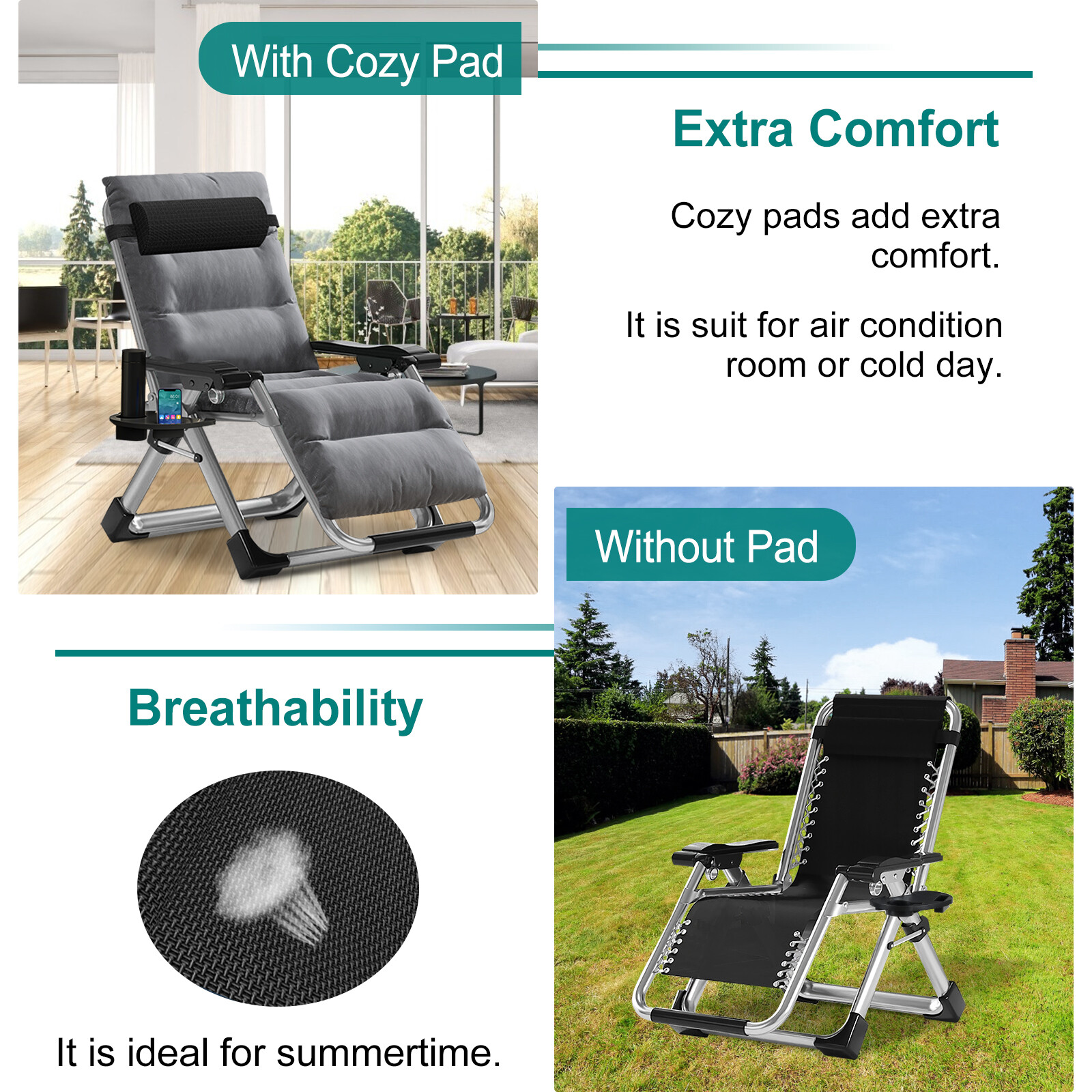 NAIZEA Zero Gravity Chair Reclining Lounge Chair w/Pad & Headrest Padded Armrest