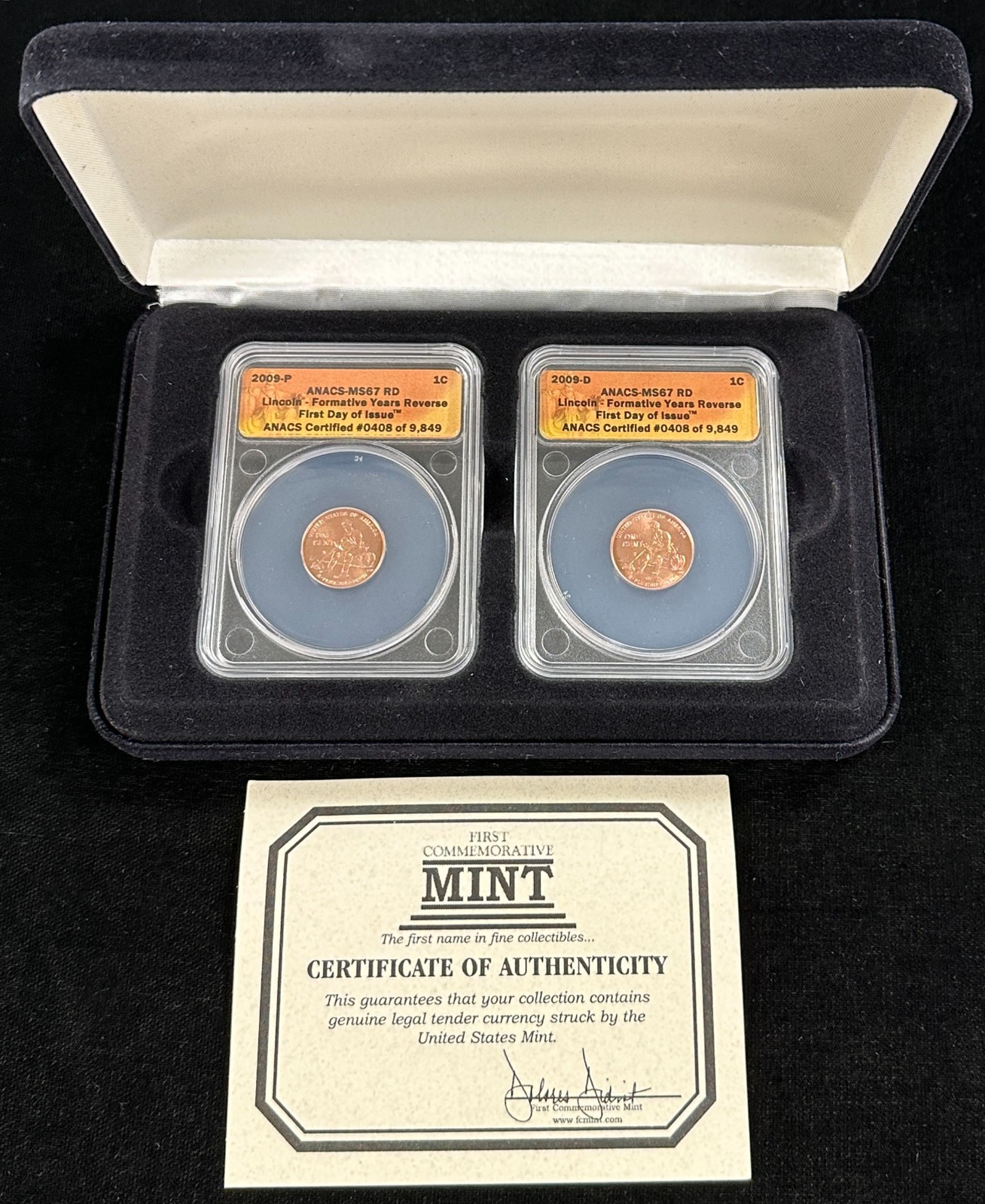 2009 P+D Lincoln Formative Years Reverse Cents ANACS MS67 RD 2-Coin Set w/ COA