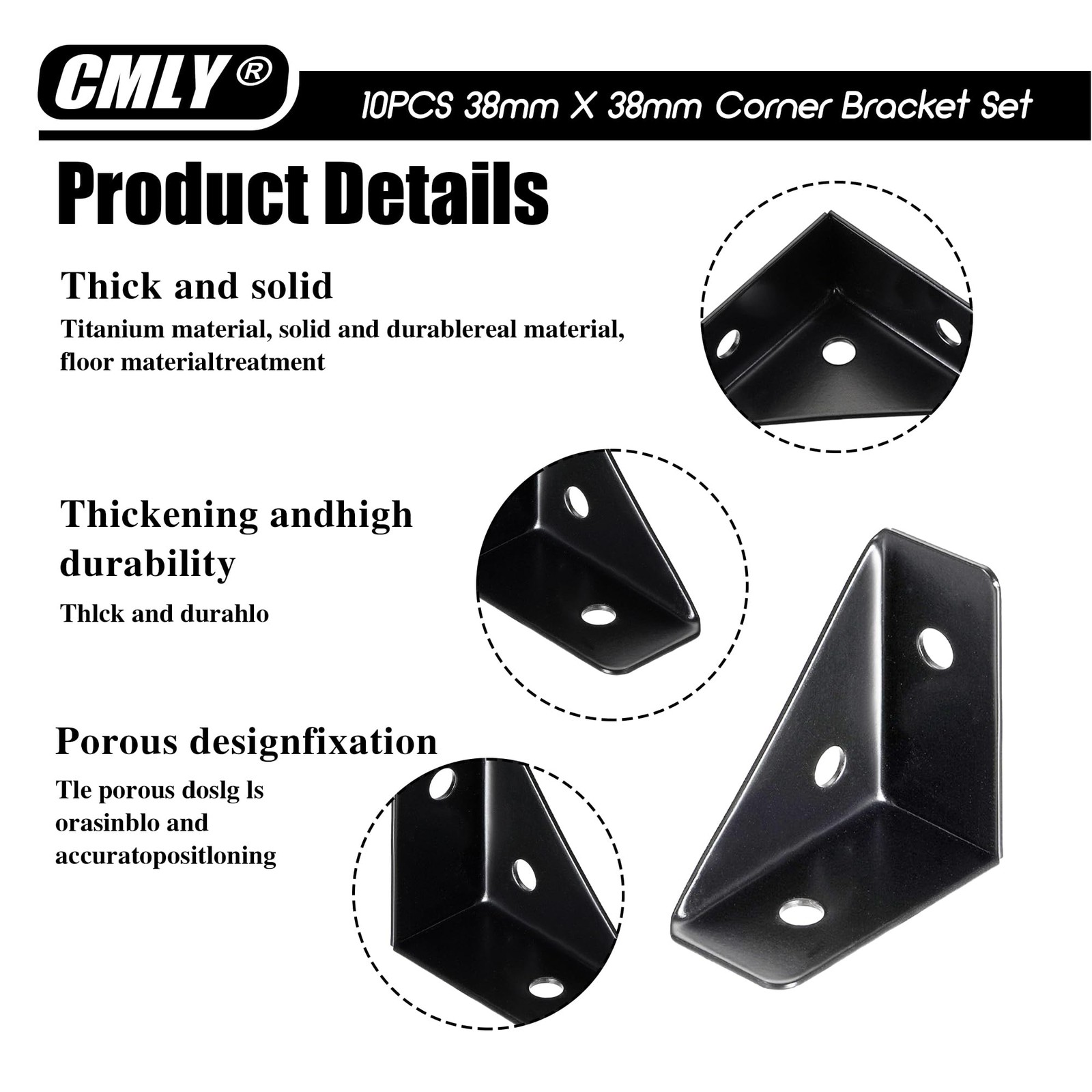 CMLY Corner Brackets, 10Pcs 38mm x 38mm, Black Steel, Triangle Medium,