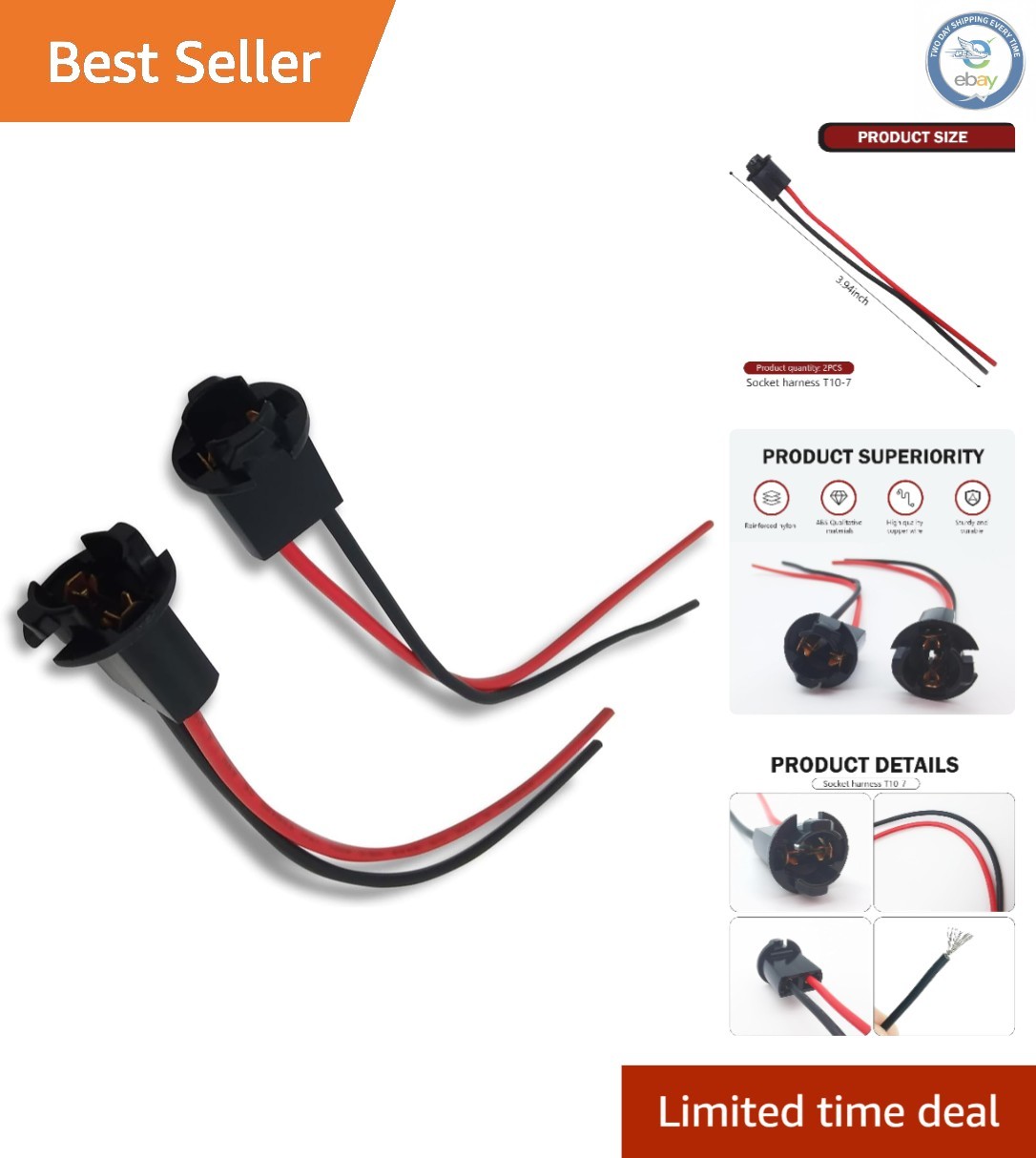 T10 Bulb Socket with Pure Copper Connection - 2 Pack Pigtail Adapter