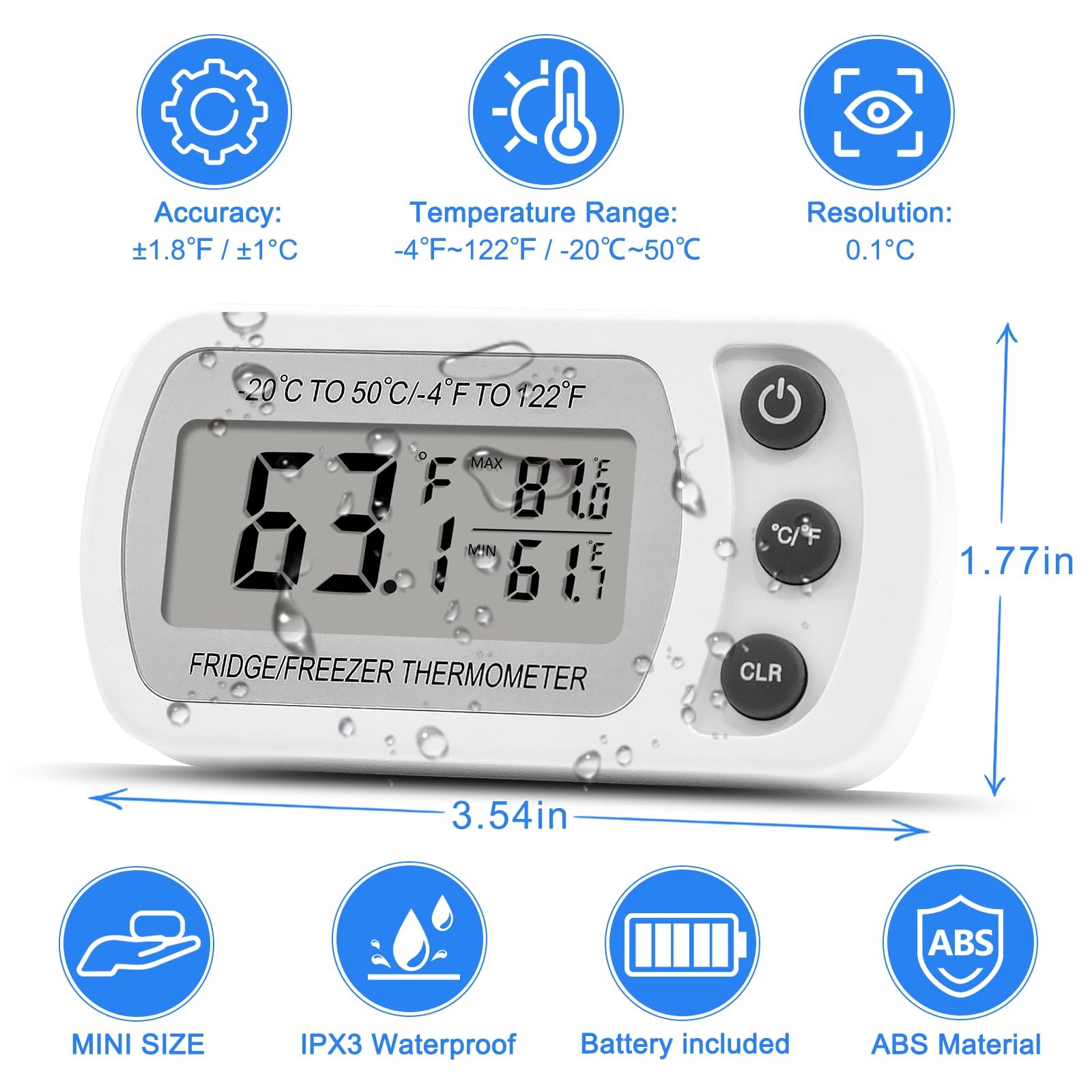 Lasubst Digital Refrigerator Thermometer 2 Pack for Fridge Freezer White