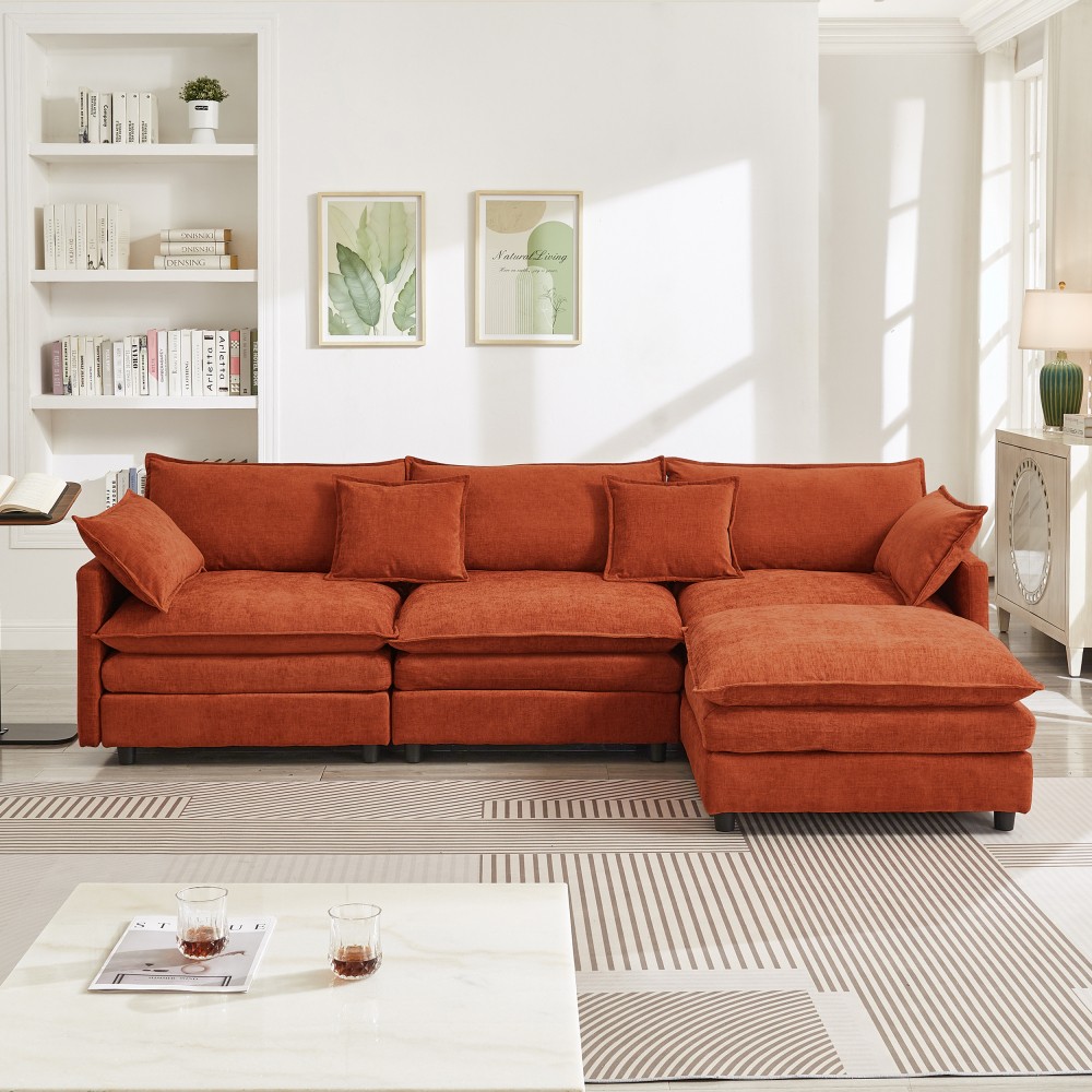 Chenille Sectional Sofa, L-Shaped 3-Seater Modular Couch w/ Ottoman, Dark Orange