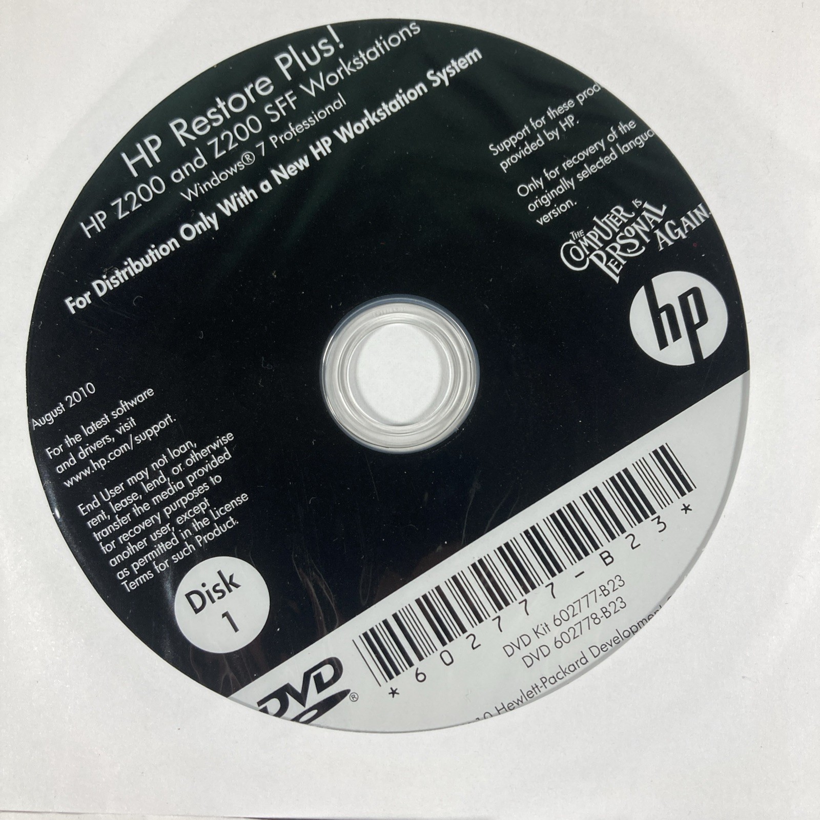 HP Restore Plus! Microsoft Windows 7 Professional Recovery DVD'S (3)