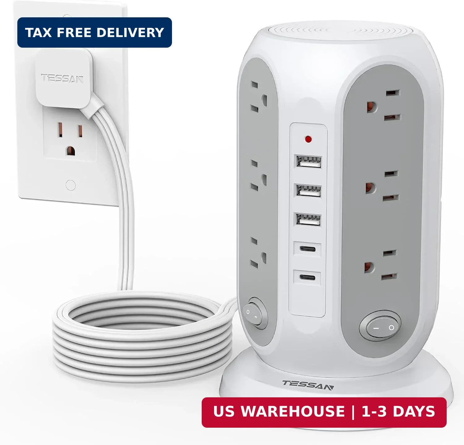 Tower Power Strip Surge Protector, Flat Extension Cord 10 Ft, Grey | Indi