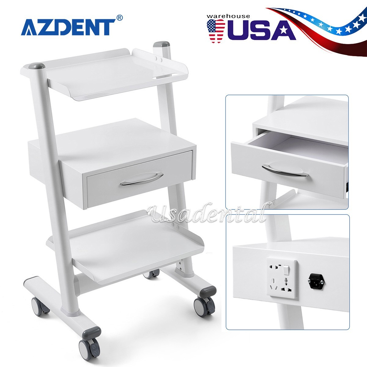 3 Tier Carro de almacenamiento médico dental Carro rodante móvil Cajón Enchufe