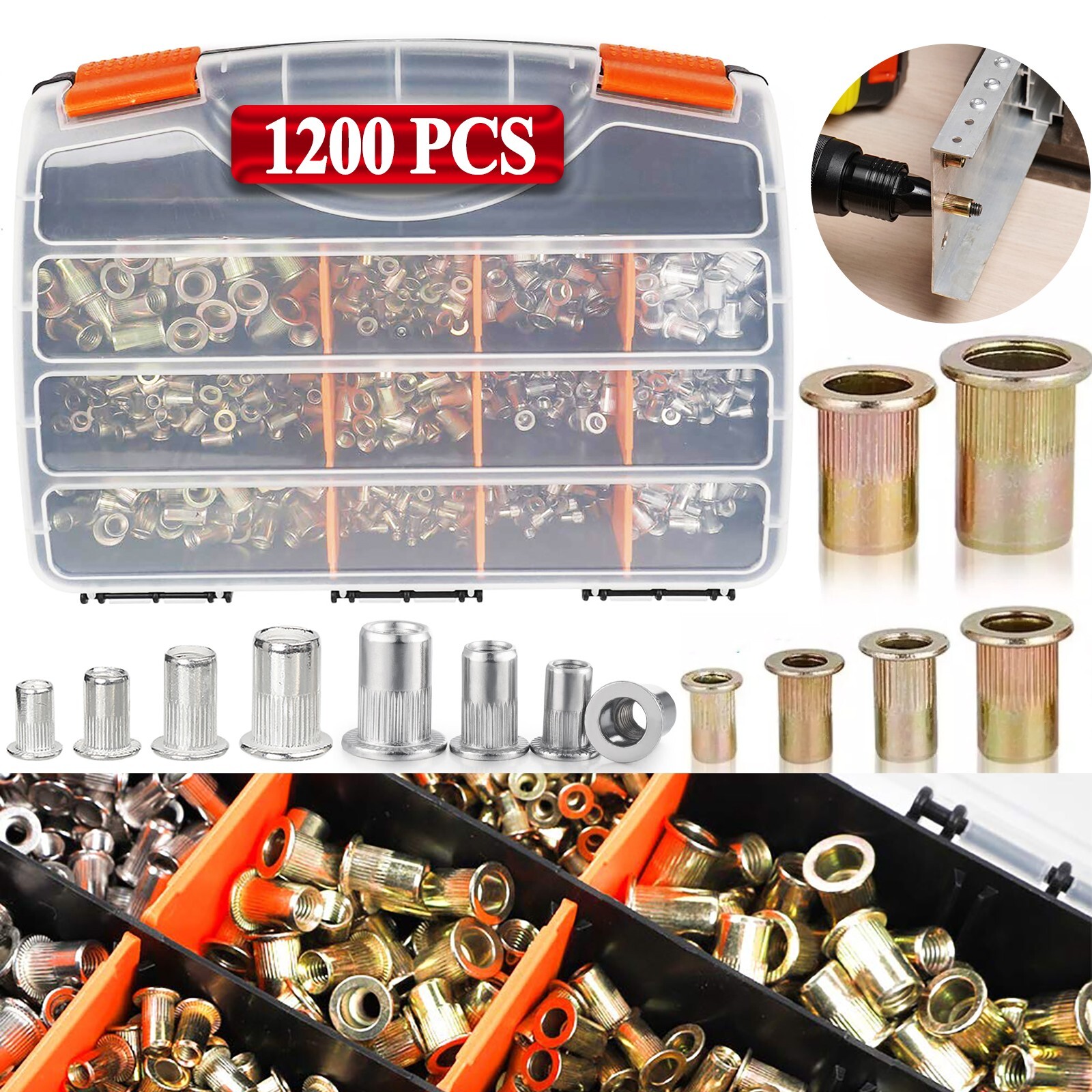 1200PC Rivet Nut Kit Mixed Zinc Steel Rivnut Insert Nutsert Threaded Set M3-M12