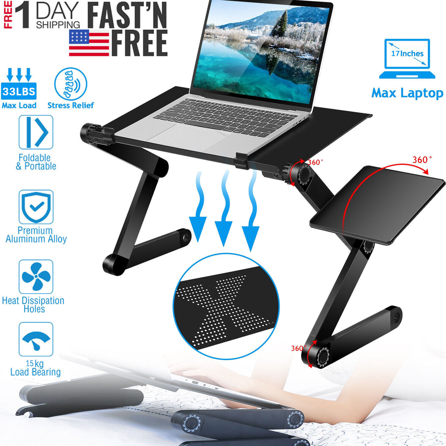 360° Adjustable Laptop Table Stand Lap Sofa Bed Tray Foldable PC Notebook Desk