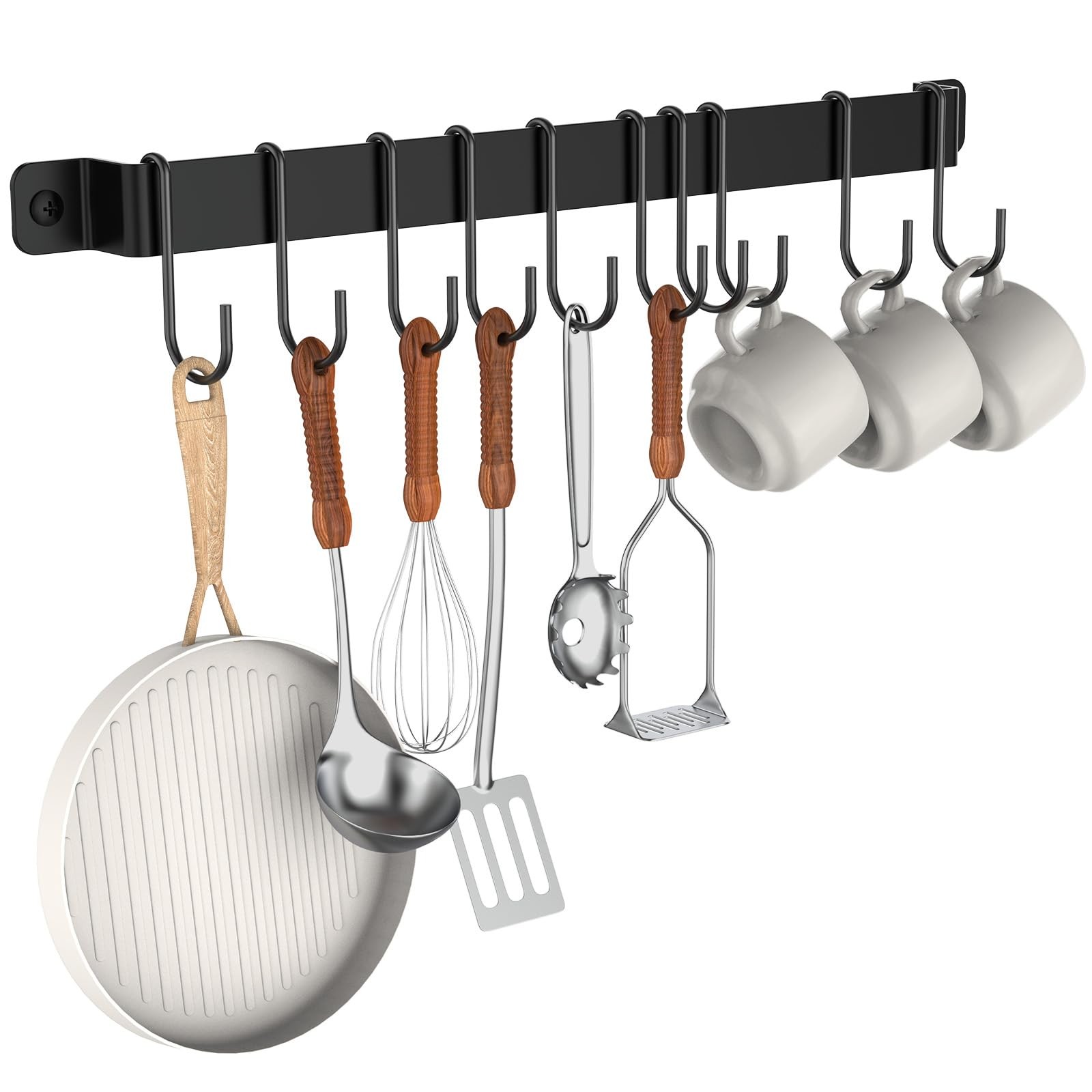 Wall Mount Kitchen Pot Pan Utensil Hanging Rail Rack with 10 S Hooks