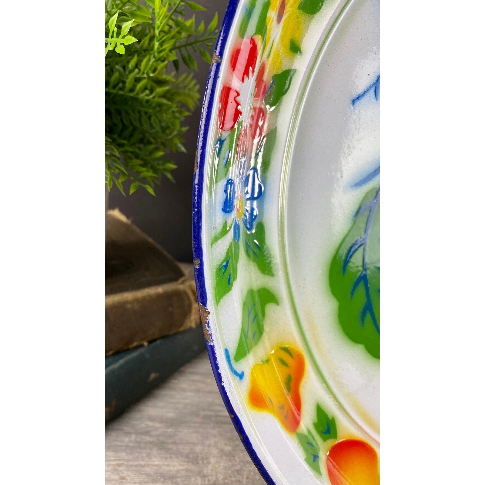 Rossini Enamelware Oversized Platter Fruit Graphics Round Tray Vibrant Colors