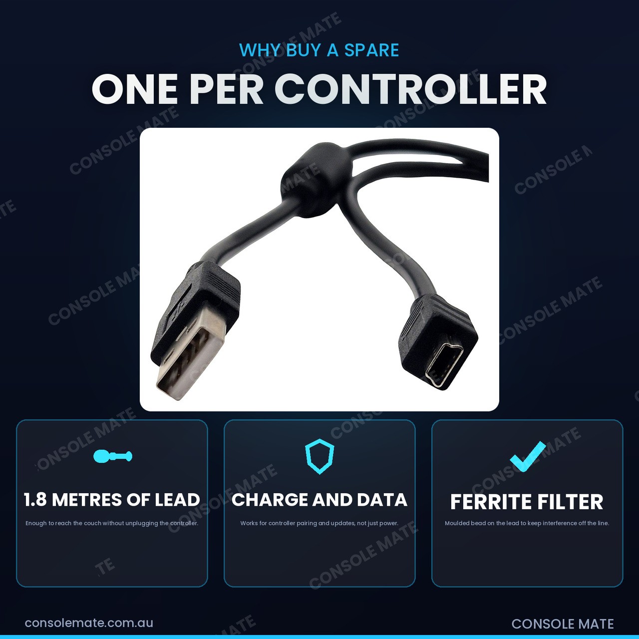USB Charge & Play Cable for PS3 DualShock 3 Controller | 1.8m Lead Brand New