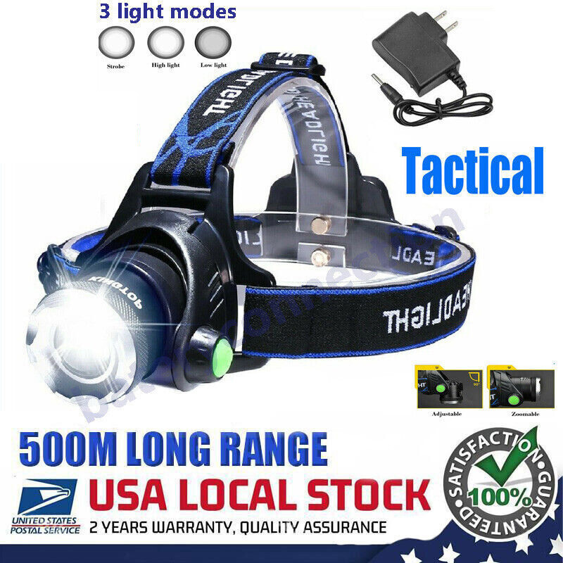 Rechargeable Head light LED Tactical Headlamp Zoomable+2x Charger+Batt