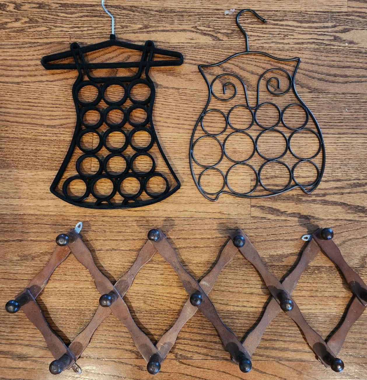 2 Scarf Holders Owl & Dress 1 Vintage Wooden Accordian Necklace Holder Organizer