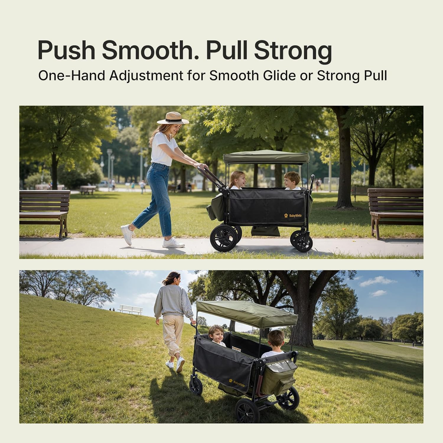 Stroller Wagon for Kids, One-Hand Adjustable Push/Pull Handle, Spacious Storage,
