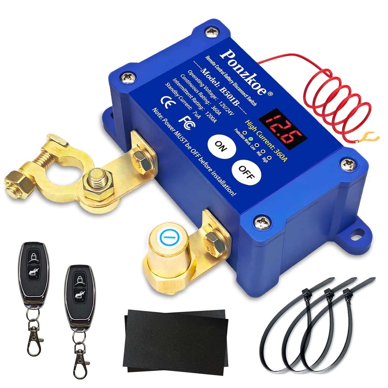 360A Remote Car Battery Disconnect Switch with LED Voltage Display - 12V Blue