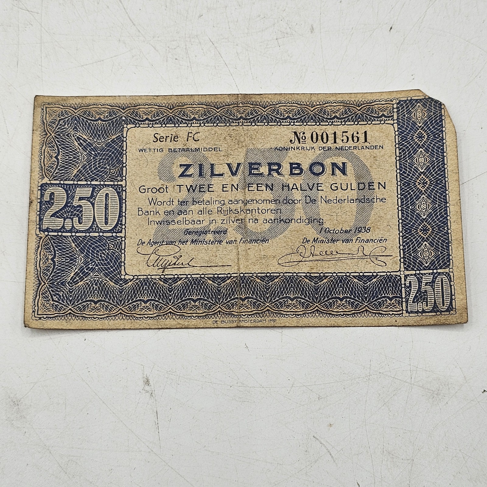 Vintage Netherlands 2½ Gulden Silver Voucher October 1938