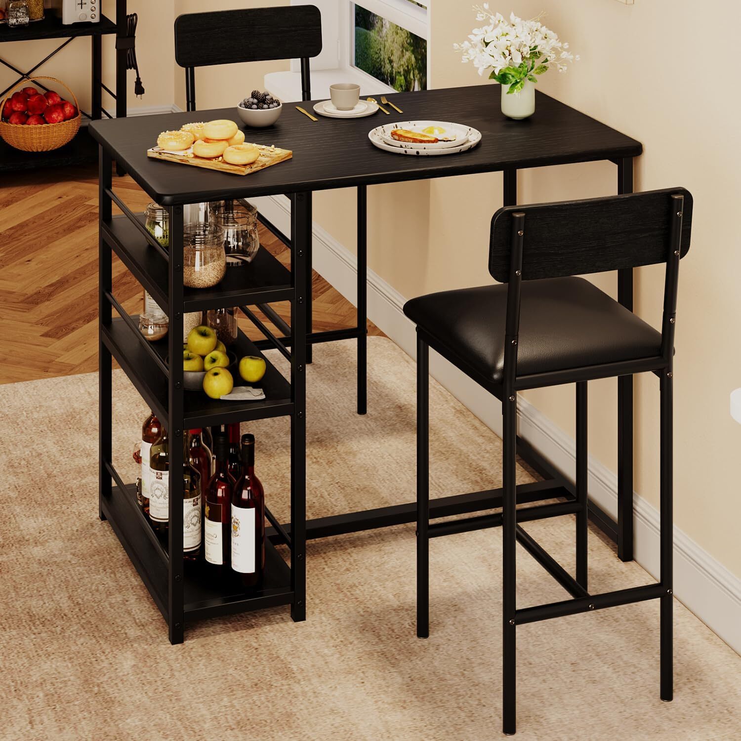 Dining Room Table Set Home Kitchen Table with 2 Upholstered Chairs and 3 Shelves