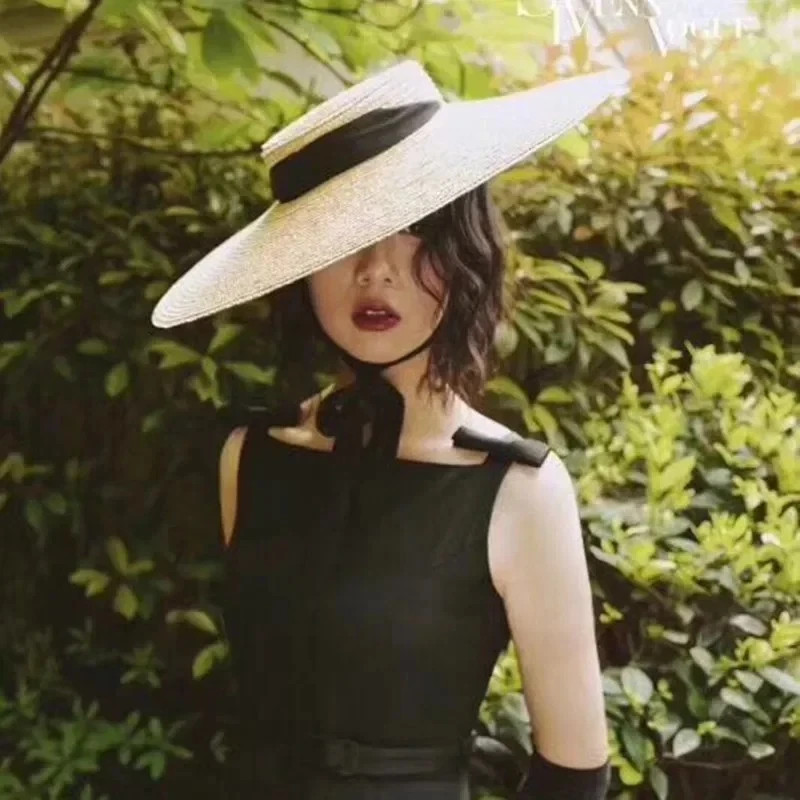 Women Large Wide Brim Straw Summer Hats Ribbon Beach Cap Boater Flat Top Sun Hat