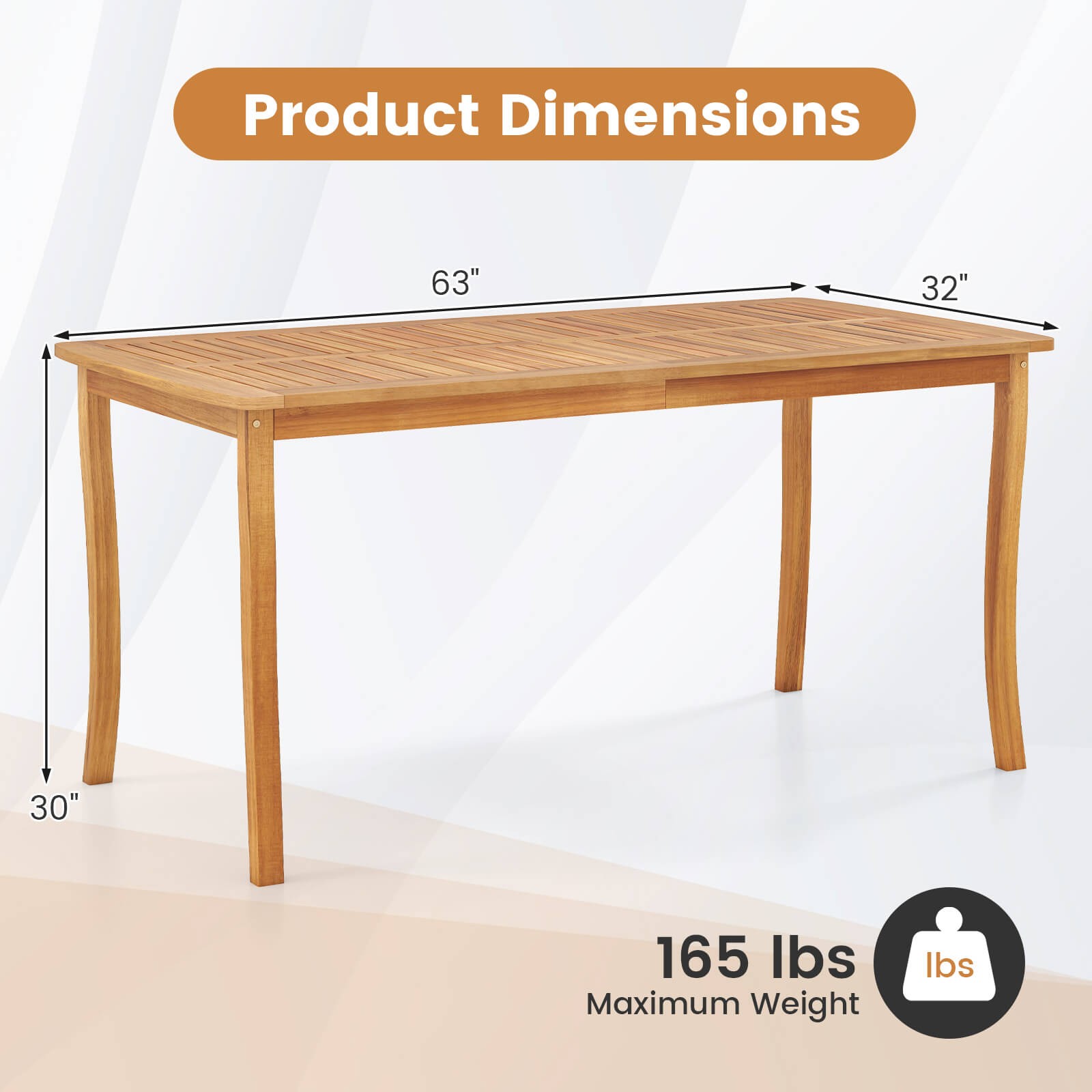 63" Outdoor Dining Table with Umbrella Hole Slatted Tabletop for Backyard