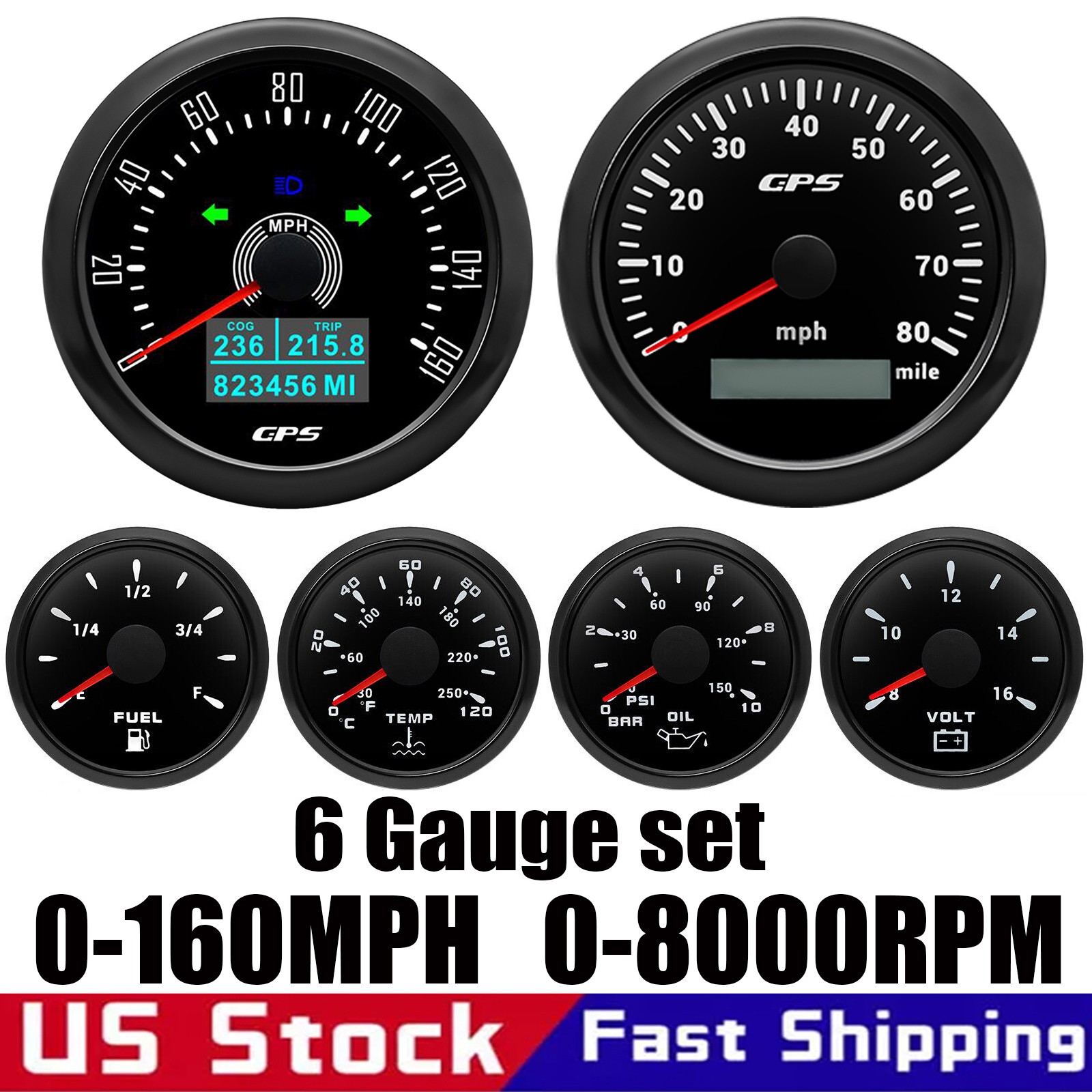 6 Gauge Set 85mm GPS Speedometer 160MPH&Tachometer 8000RPM Gauge for Boat Car US