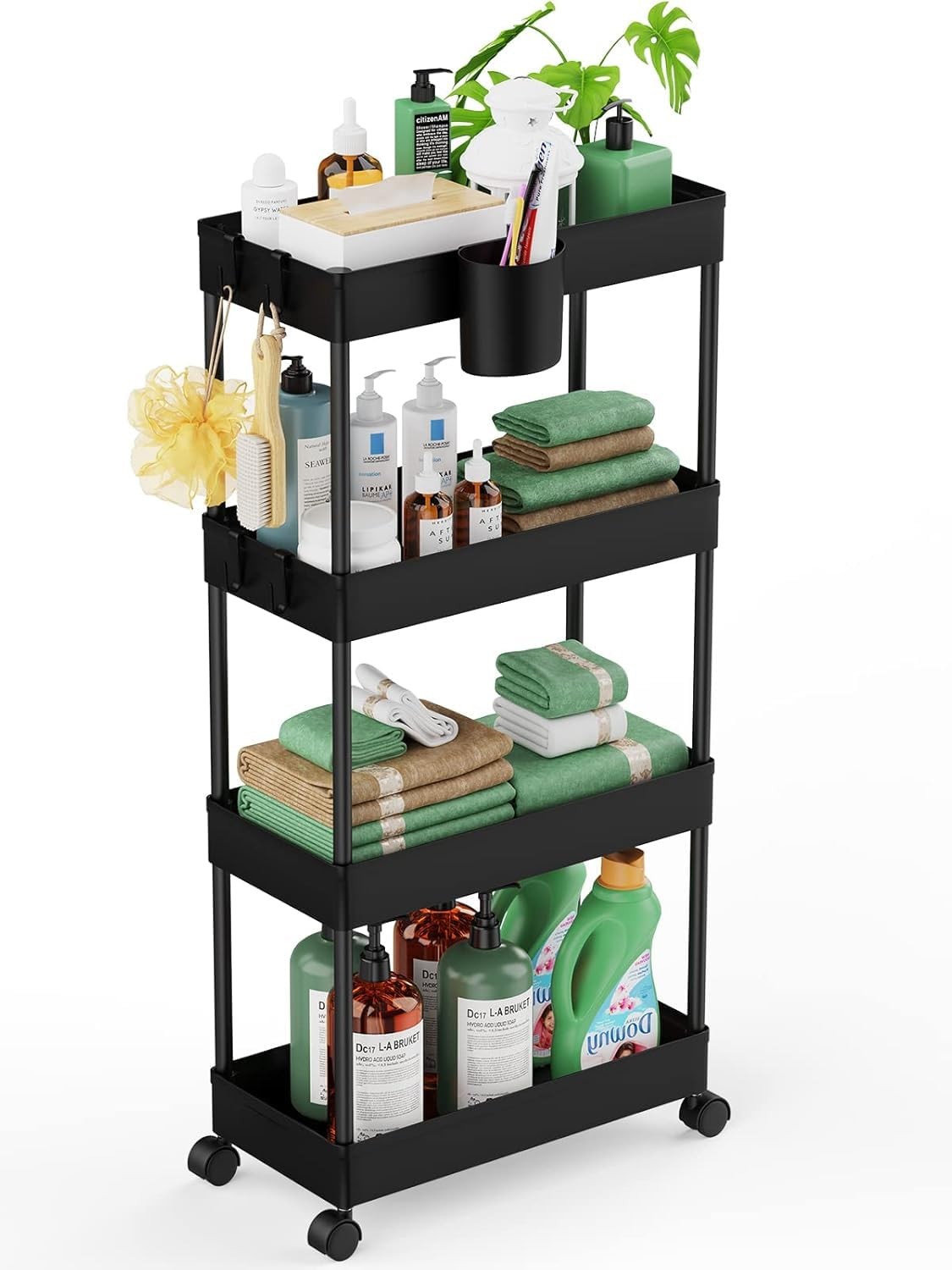 Slim Rolling Storage Cart - 4 Tiers Bathroom Organizer Utility Cart Slide Out...