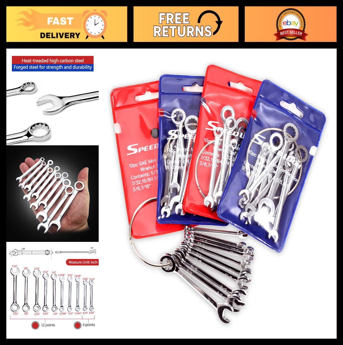 Small Wrench Set 4mm-11mm & 5/32-7/16 Inch, Angled Box End, High Carbon Steel, 4