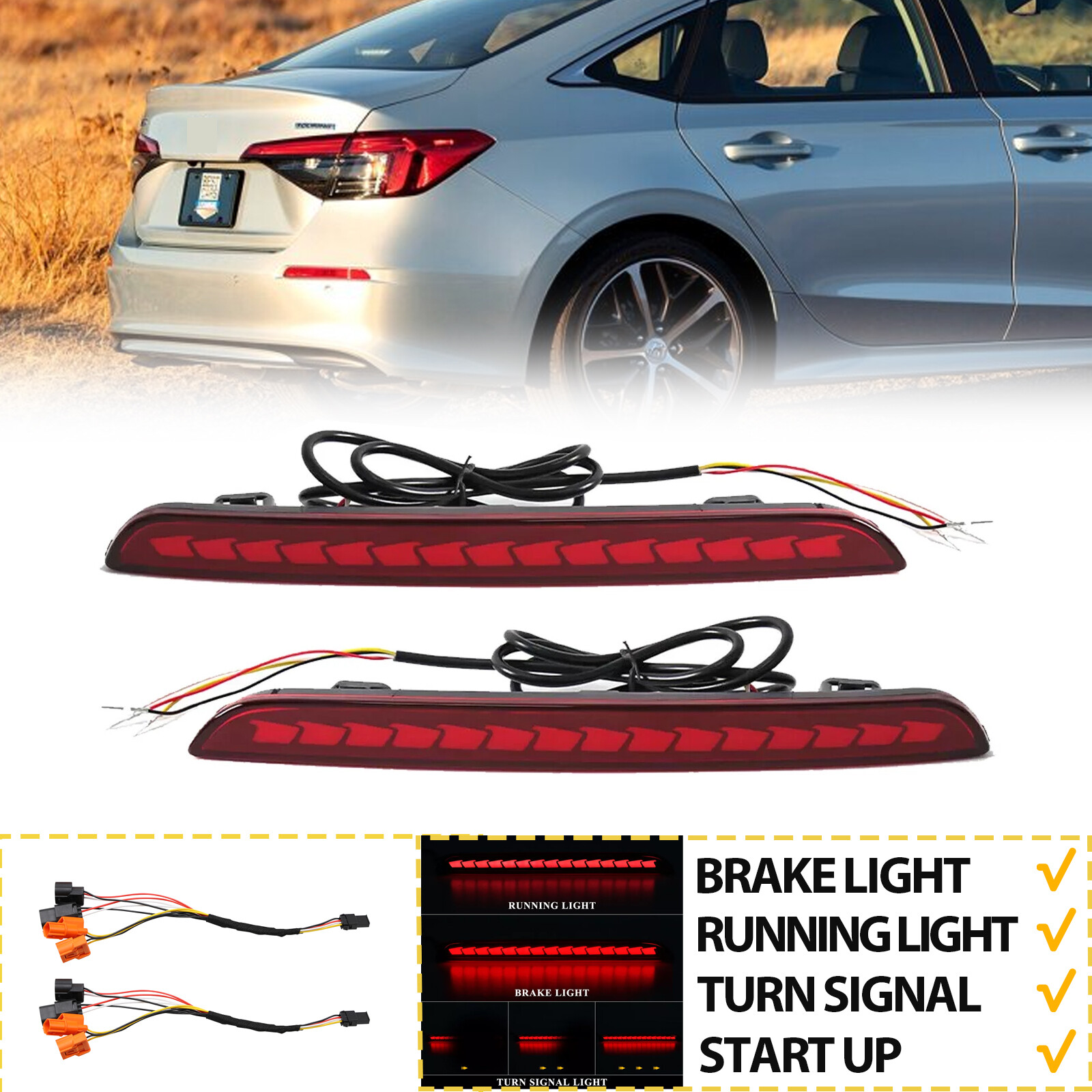 LED Rear Bumper Reflector Tail Lights For 2022 2023-2025 Honda Civic Sequential