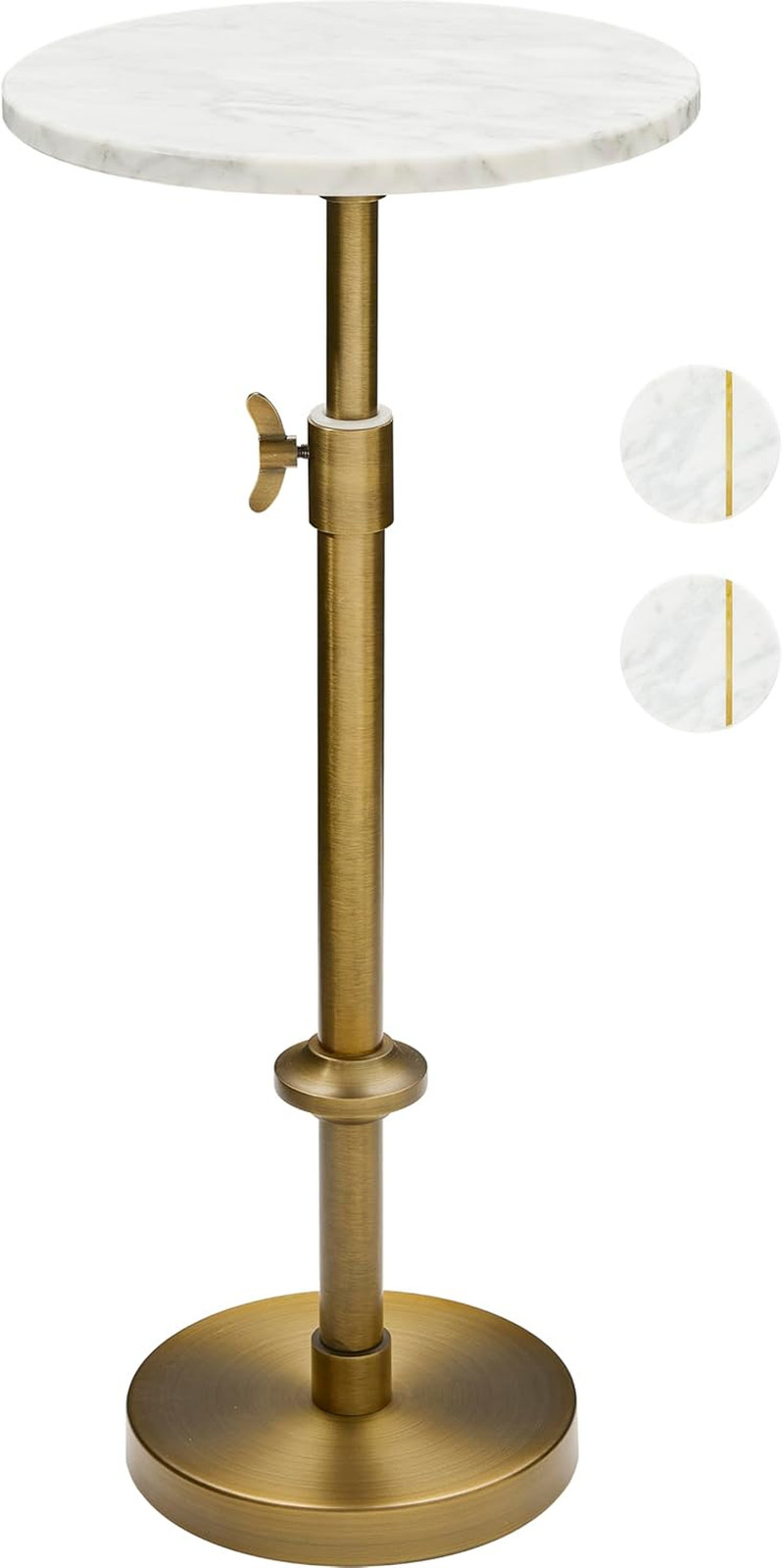 Adjustable 10" White Marble Drink Table with 2 Coasters, Antique Brass⁠ | Adjust