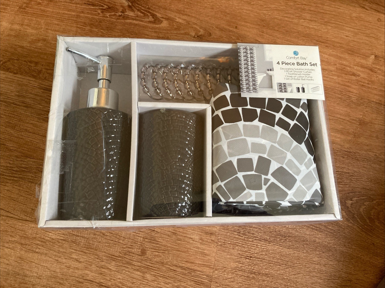 Comfort Bay 4 Piece Bath Set New Open Box Bathroom Shower Curtain Soap Hooks