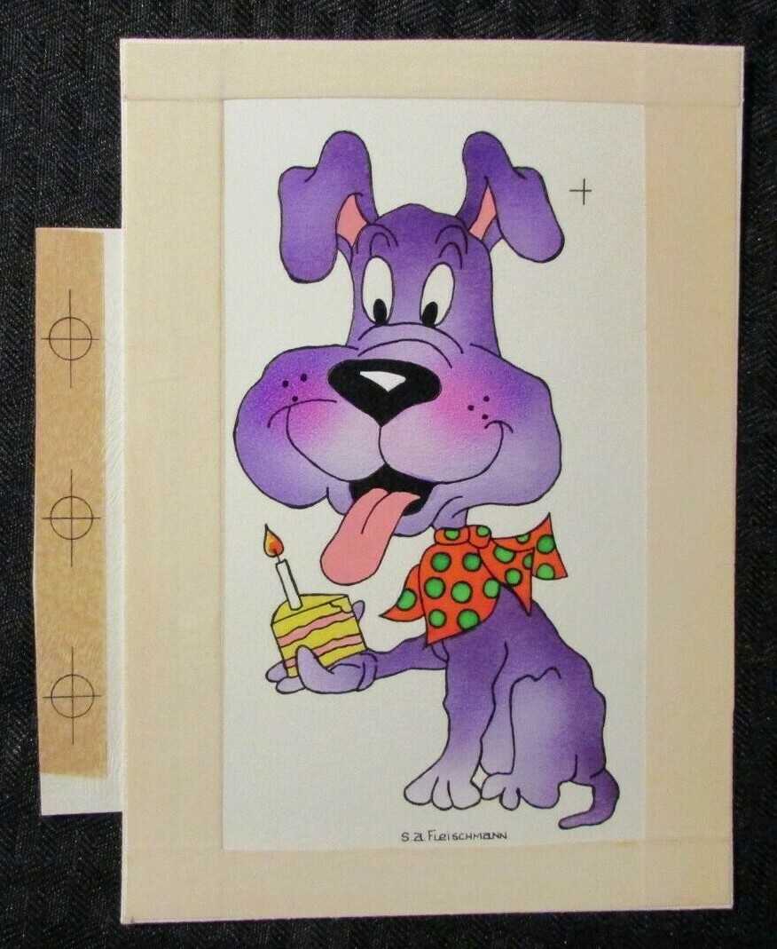 CARTOON PURPLE DOG w/ Birthday Cake 4.5x6.5" Greeting Card Art #8851