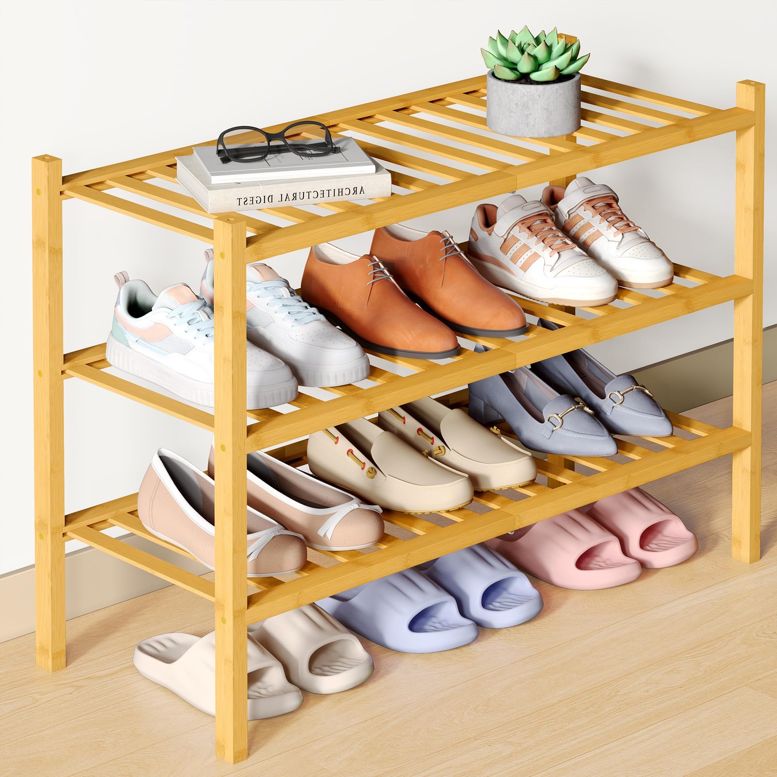 Smiry Bamboo Shoe Rack for Closet, 3 Tier Wooden 3 - Medium, Natural
