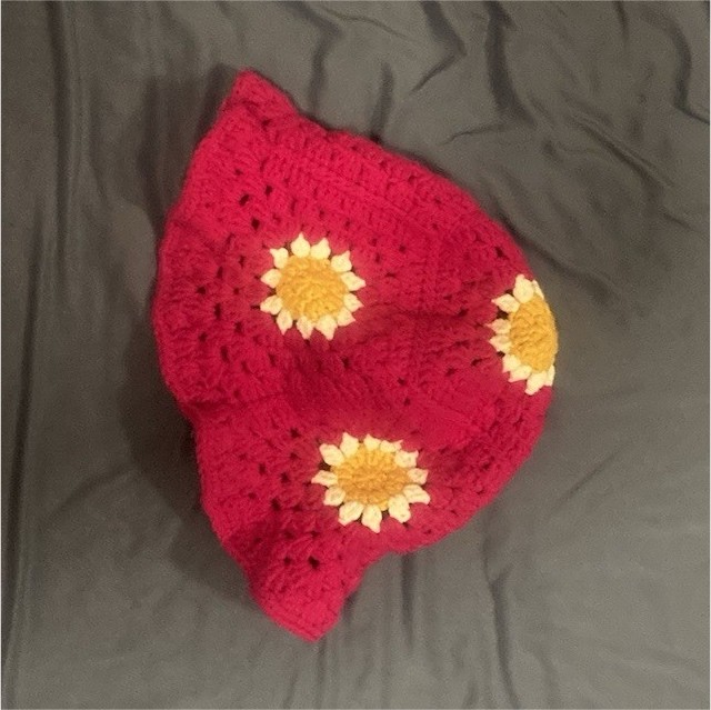 Handmade Crochet Red Hat with Sunflower Design