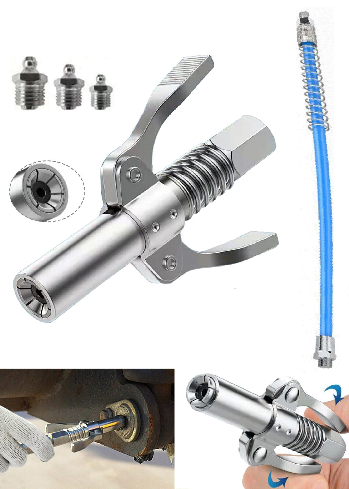 Grease Gun Coupler Dual Handle Quick Release Lock Oil Injection Nozzle Hose Set