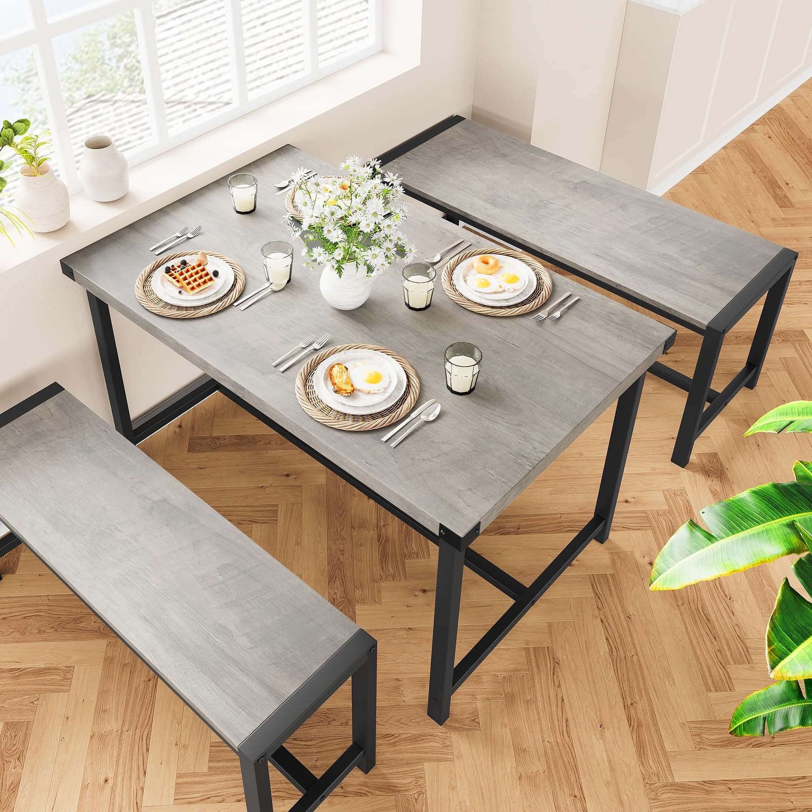 Dining Table Set for 4 Dinette Home Rectangular Kitchen Table and 2 Benches Grey