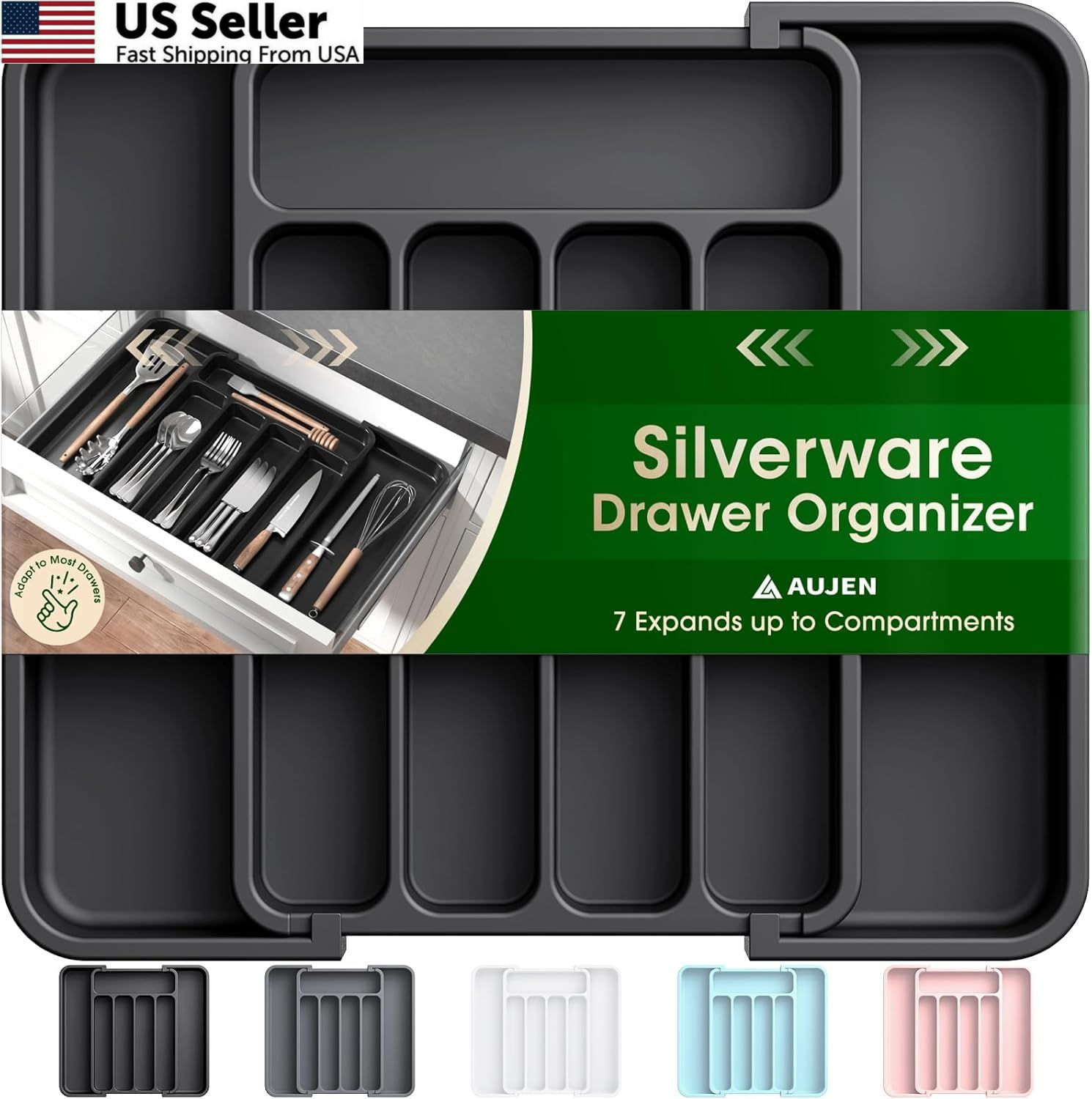 Aujen Silverware Organizer - Expandable Kitchen Drawer Medium, Black