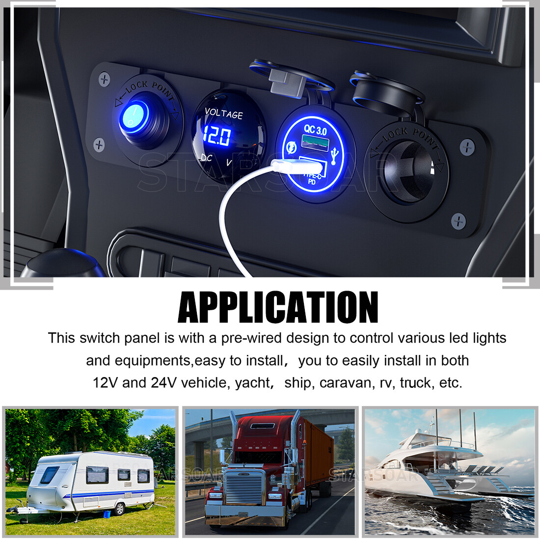 4 in 1 Blue Rocker Switch Panel LED Voltmeter,Charger,USB Cigarette Lighter