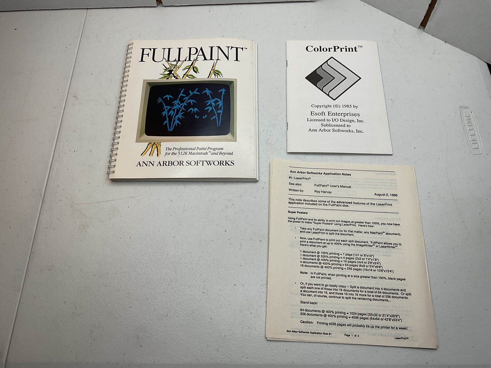 Fullpaint for 512K MAC & ColorPrint Manual Ann Arbor Softworks NO DISK