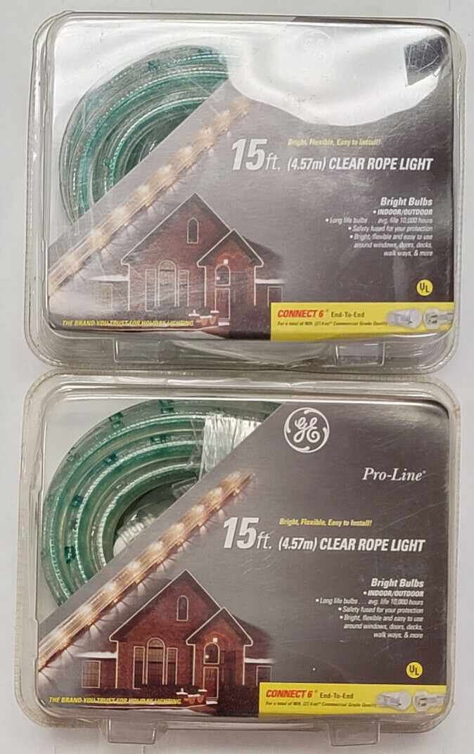 Lot Of 2 GE Pro Line New 15 ft Rope Light Clear Super Bright Bulbs indoor/out